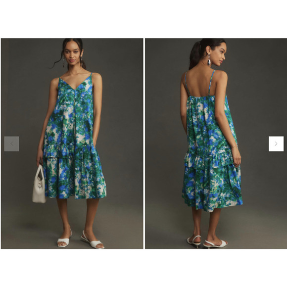 NWT Anthropologie Corey Lynn Calter V-Neck Ruffle Midi Dress Sz XS Blue #9M409 - Picture 1 of 8